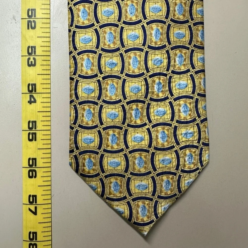 Pfizer Corporate Logo Silk Necktie Gold Navy Blue Geometric Pharmaceutical Tie